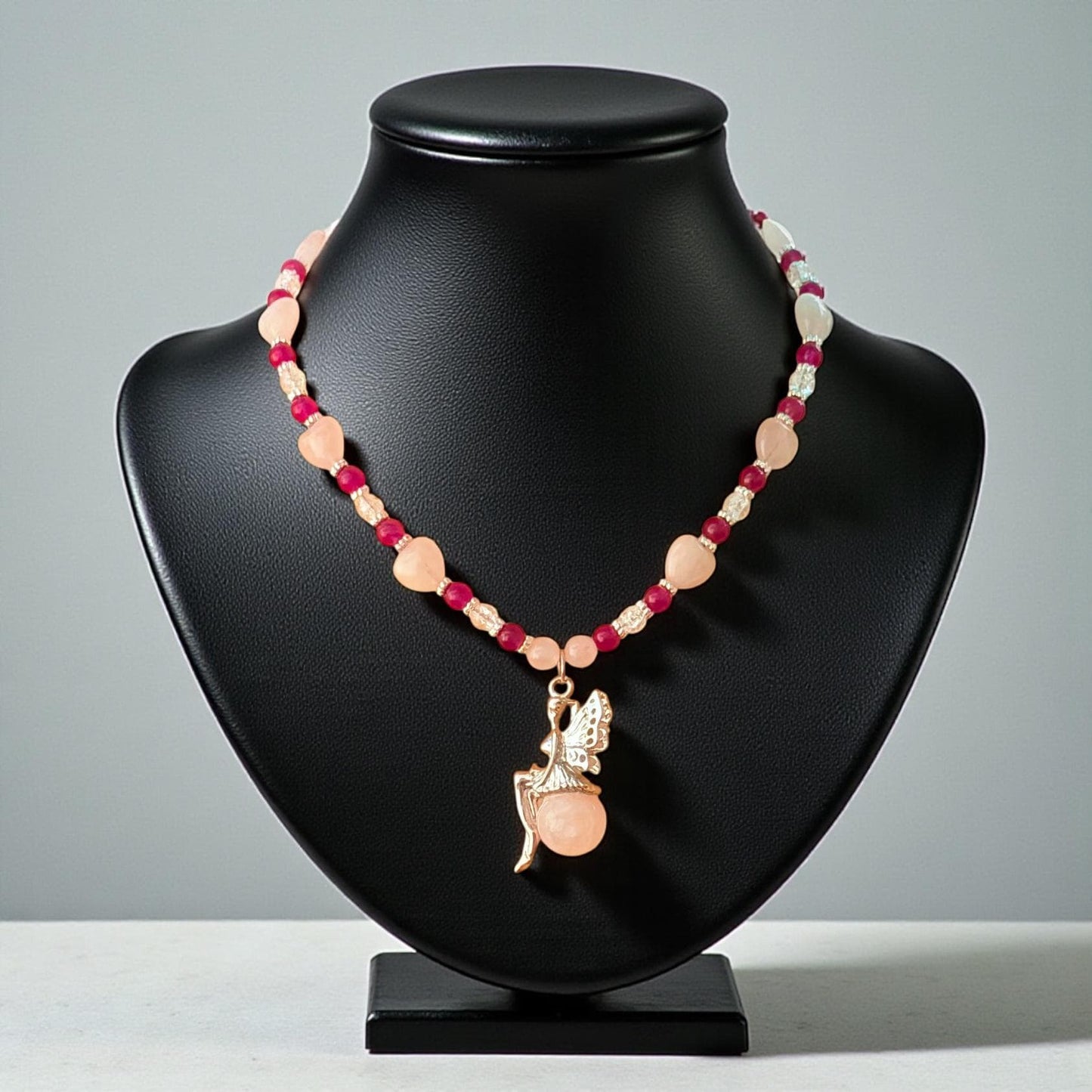 Rose Quartz Pixie Pendant – Carnelian and Crackle Quartz Beads - Fairy Jewelry - Handmade Beaded Necklace Gift