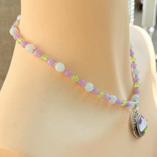 Beaded necklace viewed from the side