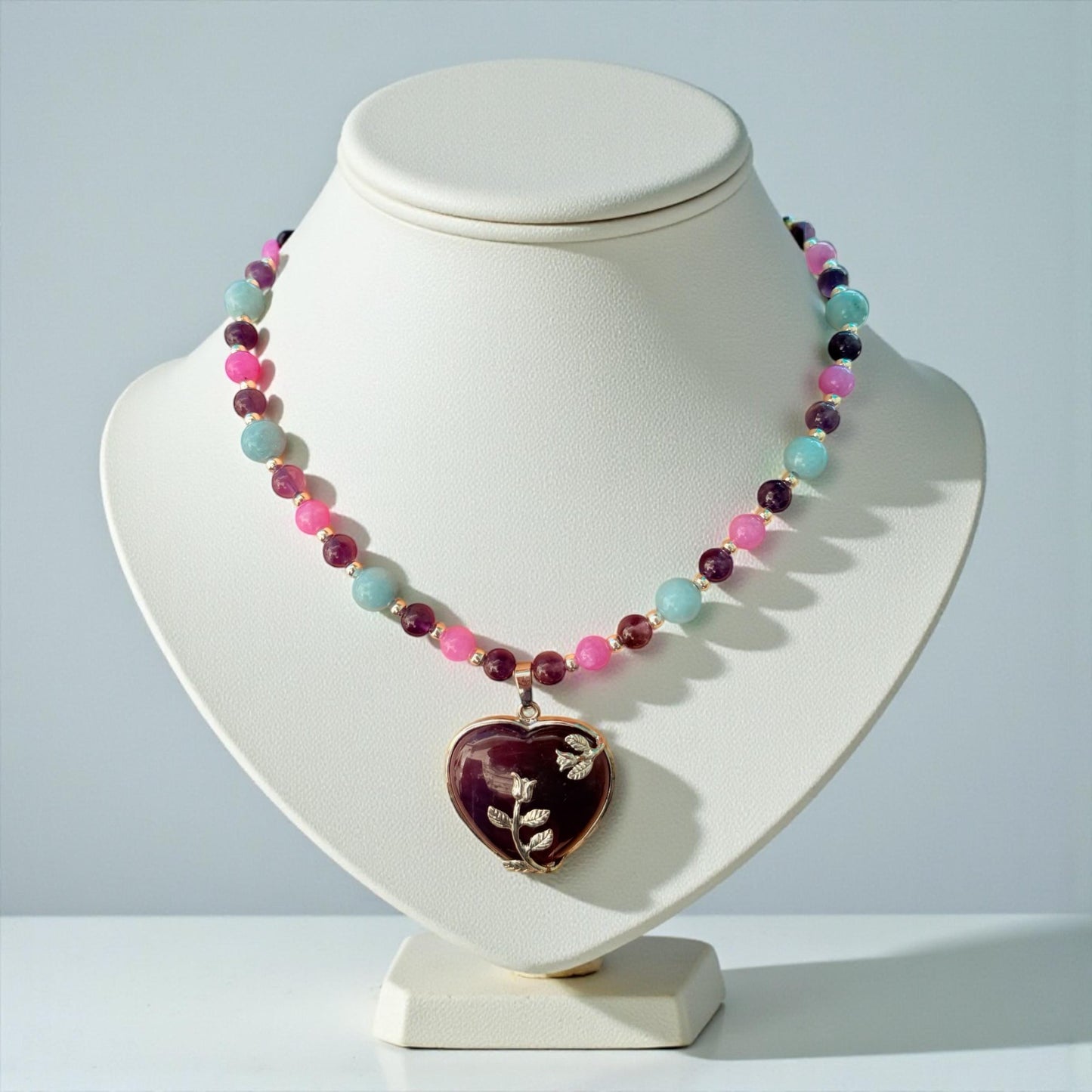 Amethyst Heart Stone Pendant and Jade Gemstone Beaded Necklace