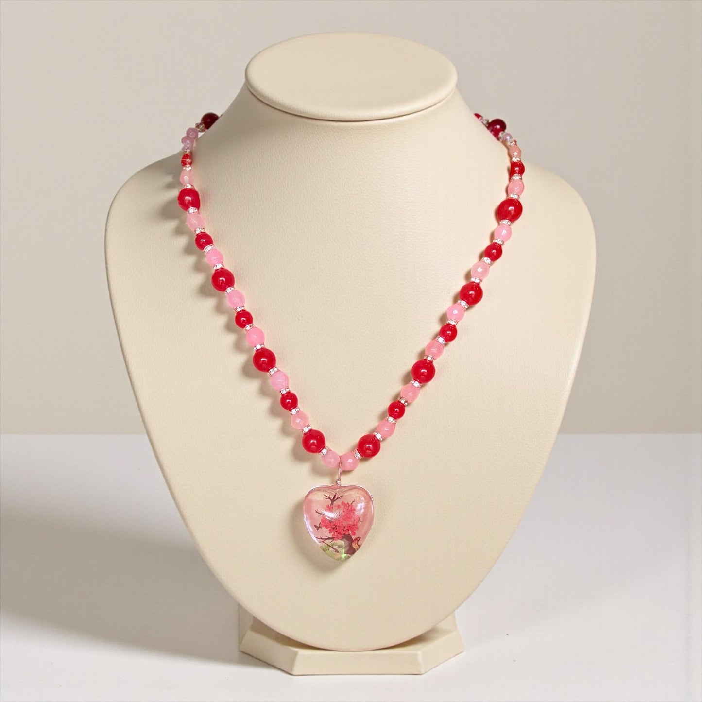 Heart Pendant Rose Quartz & Red Jade Handmade Beaded Gemstone Necklace - "Eternal Blossom"
