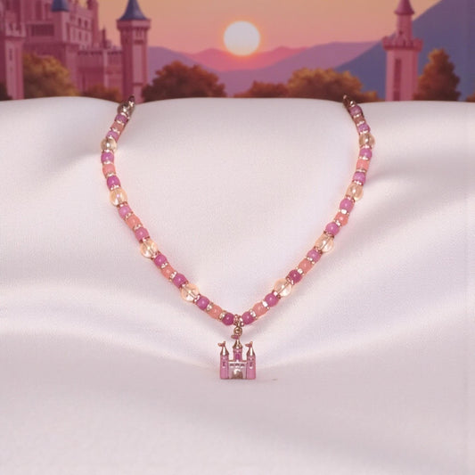 Princess Beaded Rose Quartz and Jasper Necklace with Enamel Castle Pendant