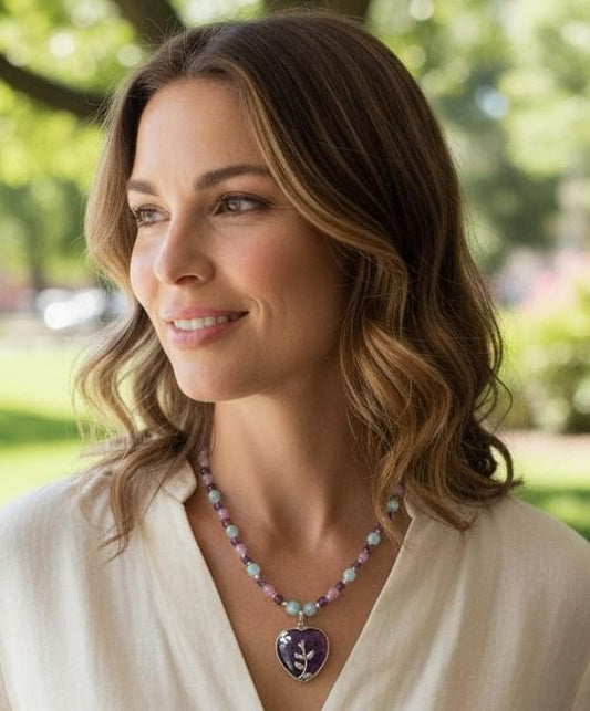 Amethyst Heart Stone Pendant and Jade Gemstone Beaded Necklace