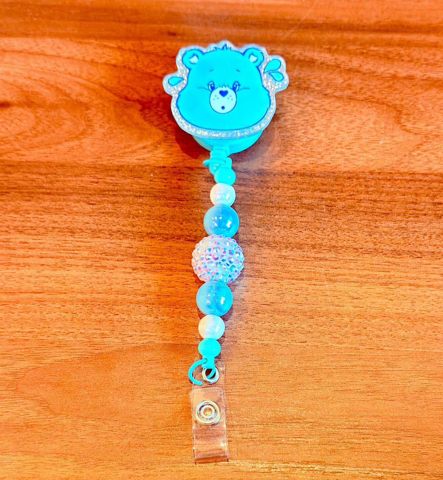Blue Cute Bear Badge Reel, Interchangeable Beaded Badge Reel, Emotional Support Bear ID Holder, Rhinestone Acrylic Badge Clip, Nurse Teacher Gift