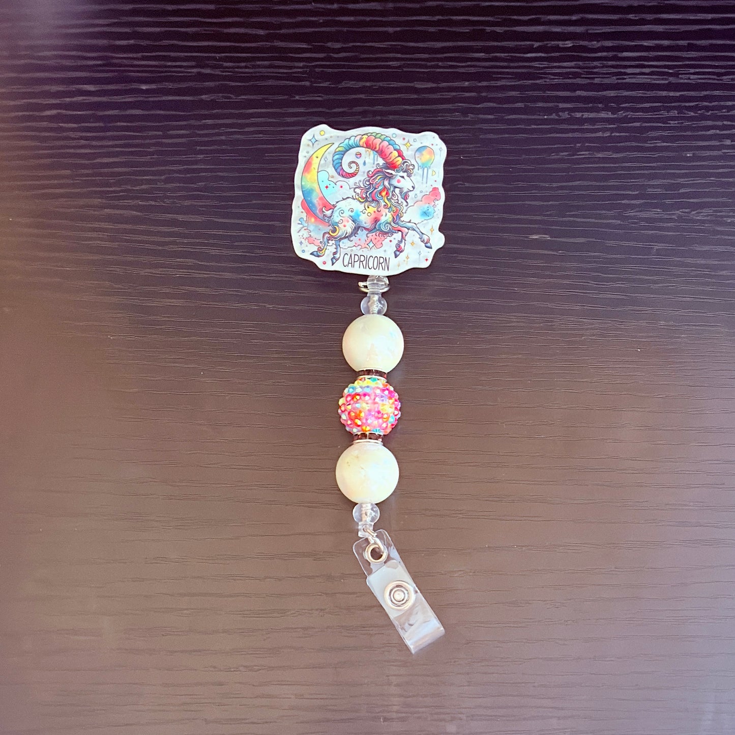 Capricorn Zodiac Rhinestone Badge Reel – Acrylic Beaded ID Holder | Swivel Alligator Clip | Retractable Nurse, Teacher & Office Badge Reel