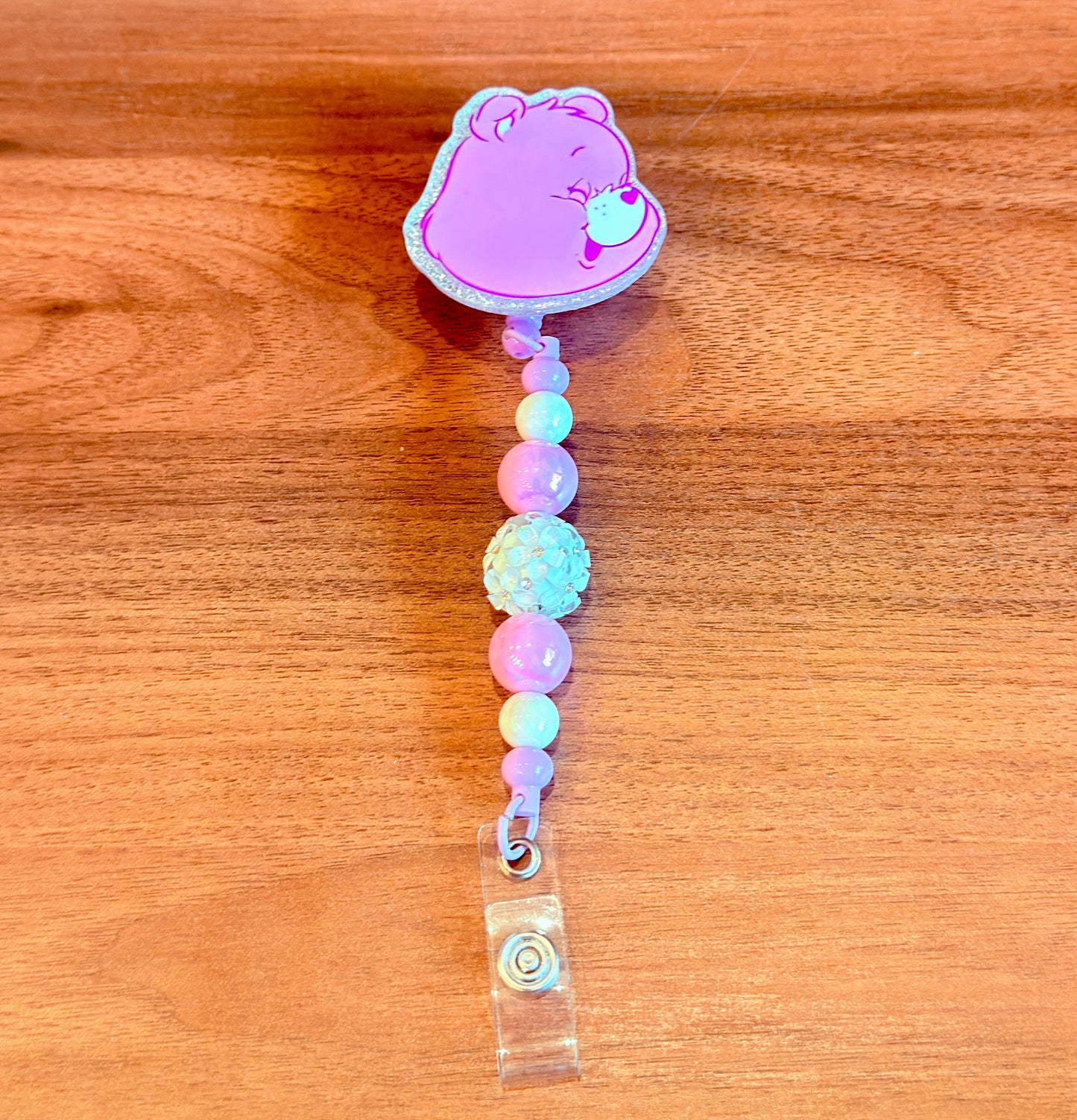 Purple Cute Bear Badge Reel, Interchangeable Beaded Badge Reel, Emotional Support Bear ID Holder, Rhinestone Acrylic Badge Clip, Nurse Teacher Gift