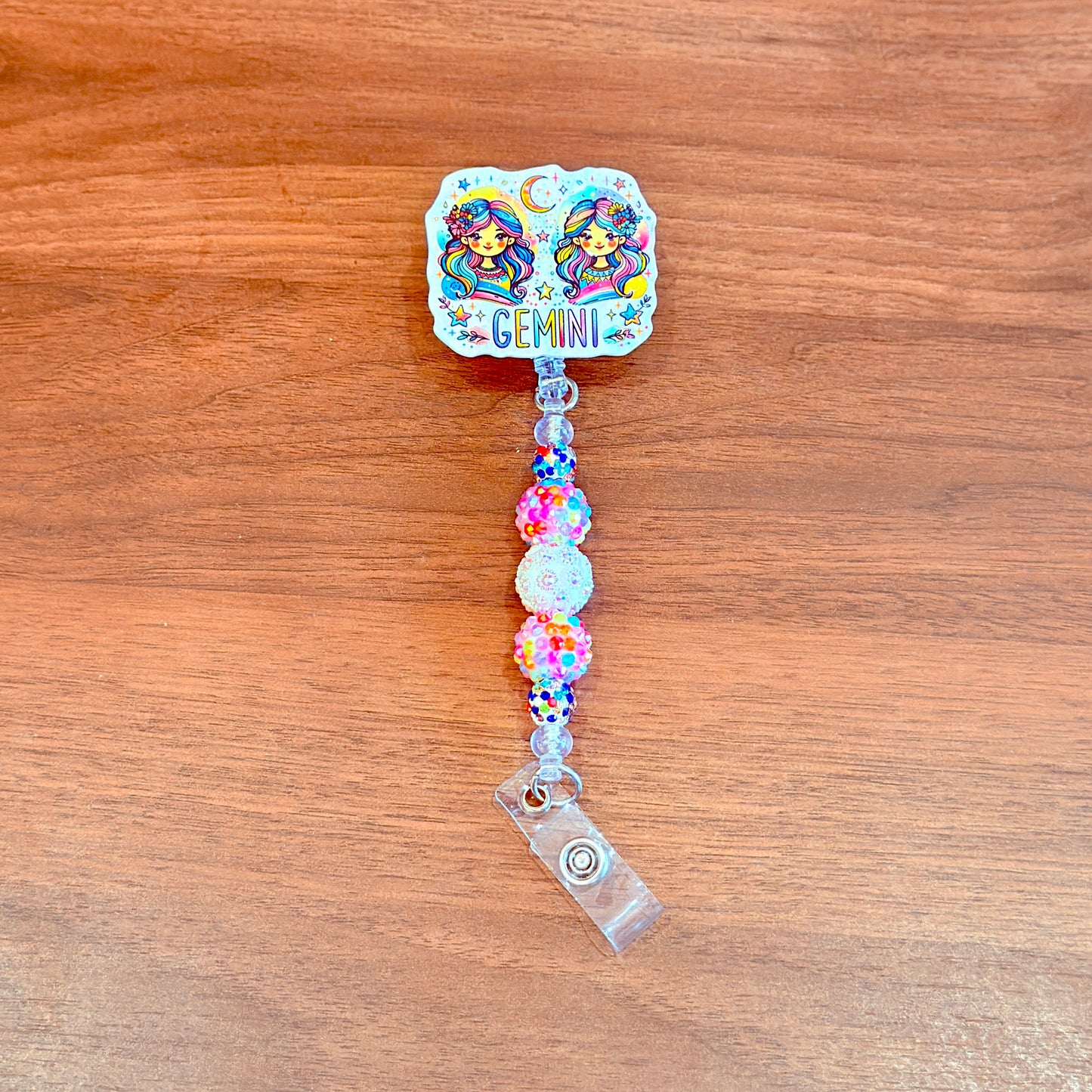 Gemini Zodiac Rhinestone Badge Reel – Acrylic Beaded ID Holder | Swivel Alligator Clip | Retractable Nurse, Teacher & Office Badge Reel