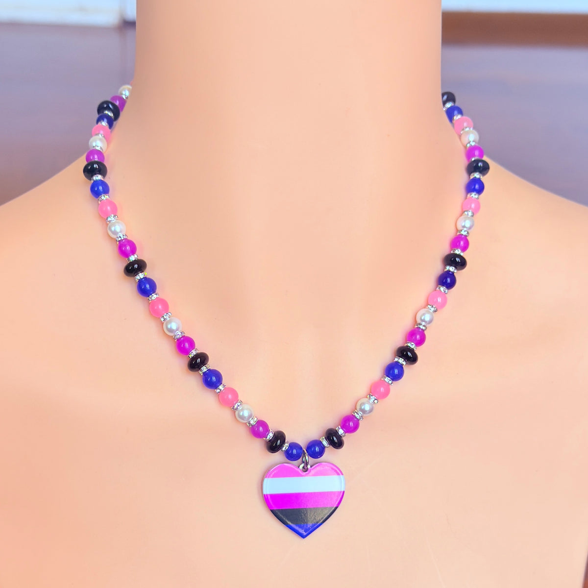 Genderfluid Pride Heart Pendant - Gemstone Beaded Necklace