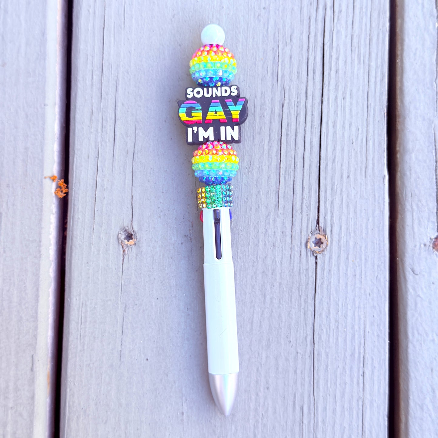 "Gay. I'm in." Beaded Rainbow Pride Pen