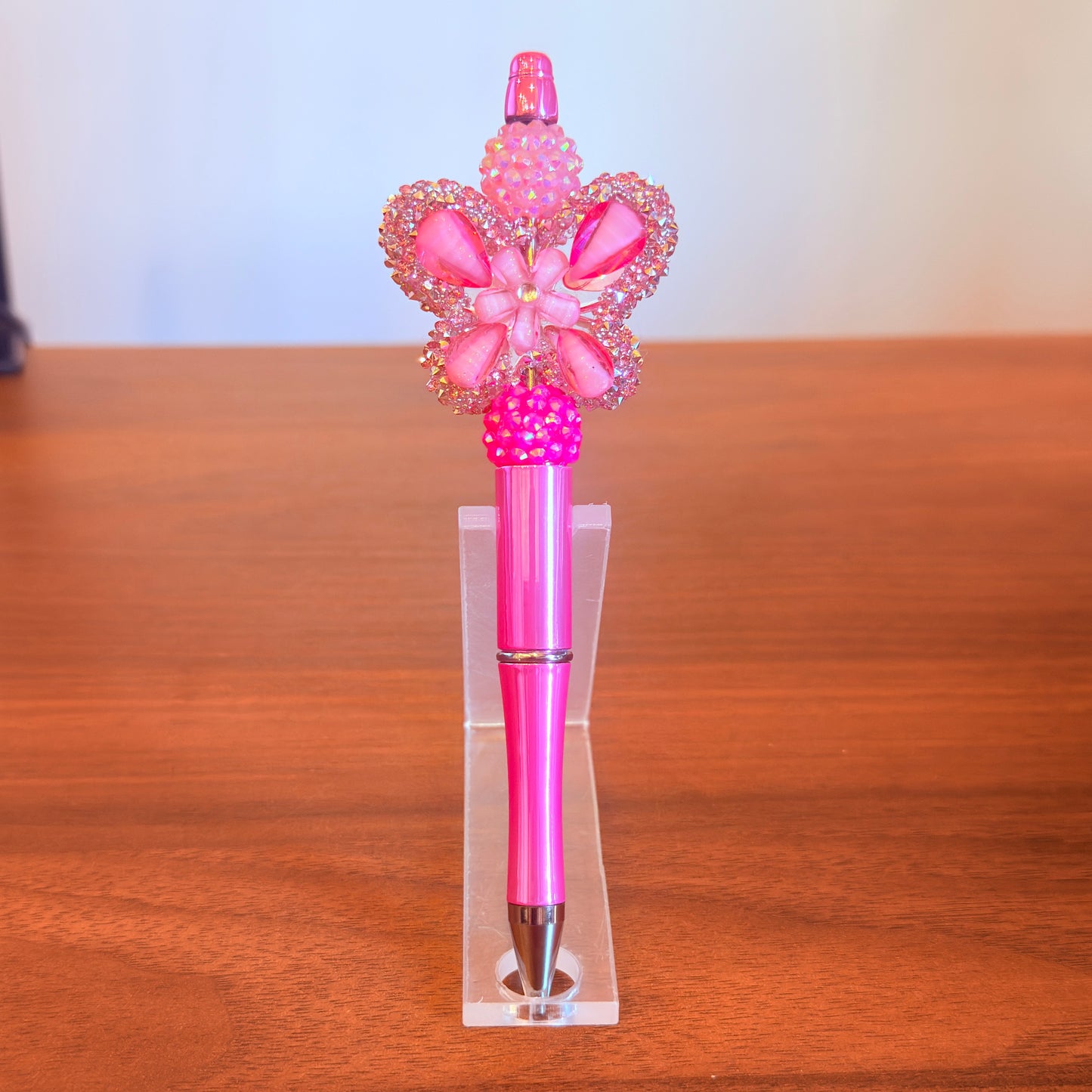 Pink Rhinestone Butterfly Beaded Pen - Sparkly Desk Accessory