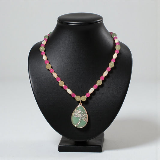 Aventurine Stone Teardrop Dragonfly Pendant Beaded Gemstone Necklace