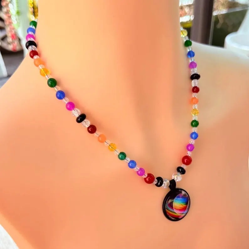 Saturn Rainbow Pride Pendant - Gemstone Necklace
