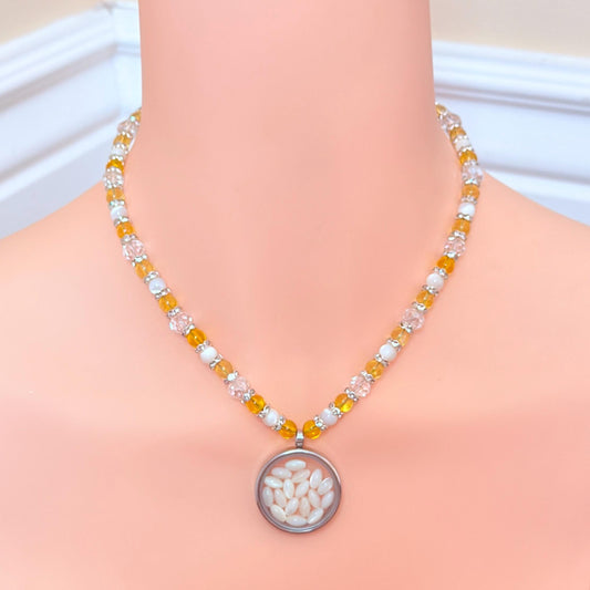 Floating Locket Necklace, Mother of Pearl Shell, Citrine - "Seashell Sunbeam"