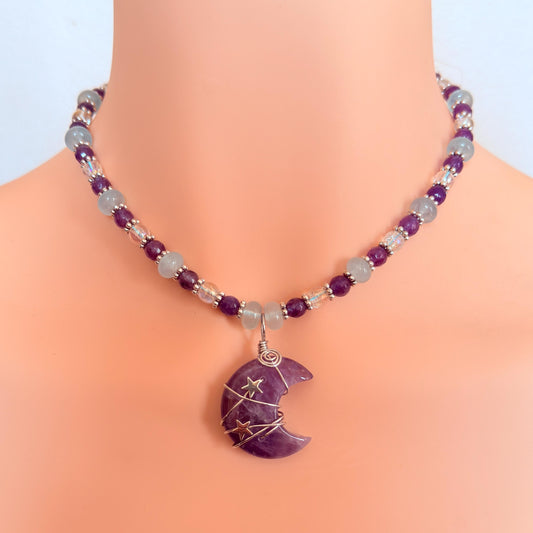 Crescent Stone Wire-Wrapped Pendant | Amethyst & Jade Gemstone Necklace
