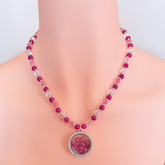 Pink Tourmaline Star Floating Locket Gemstone Beaded Necklace