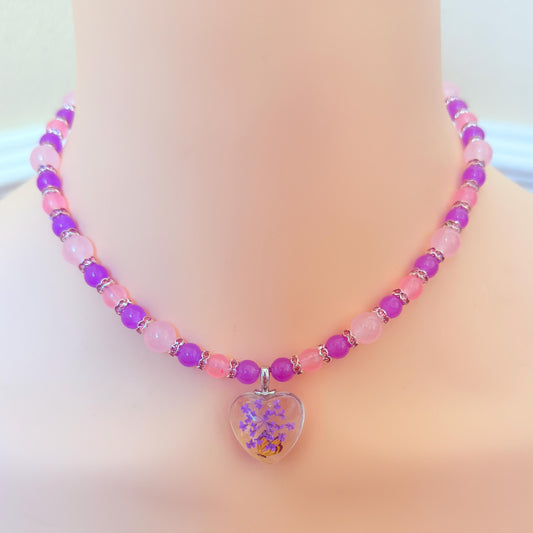 Pink and Purple Dried Flower Heart Pendant Gemstone Beaded Necklace