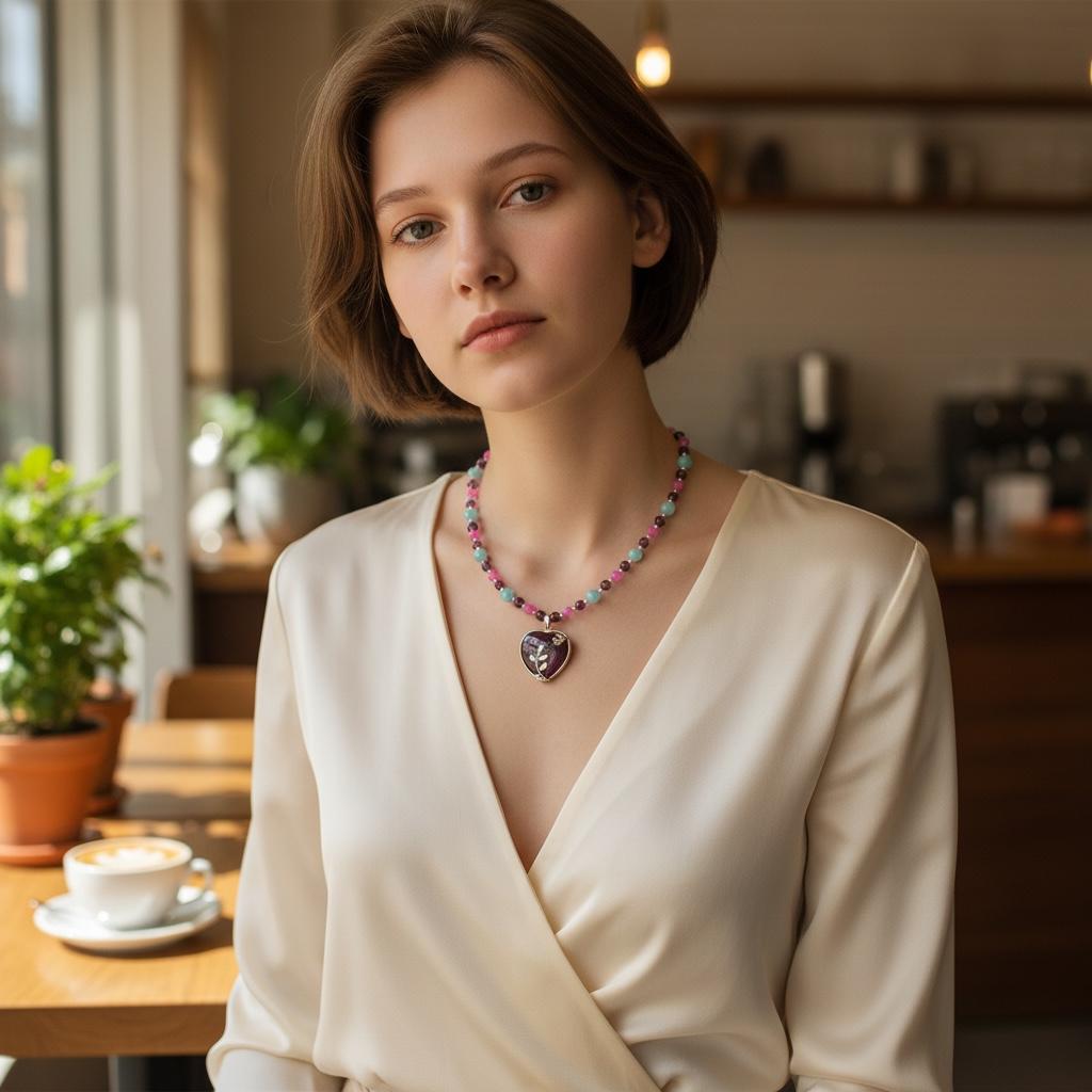Amethyst Heart Stone Pendant and Jade Gemstone Beaded Necklace