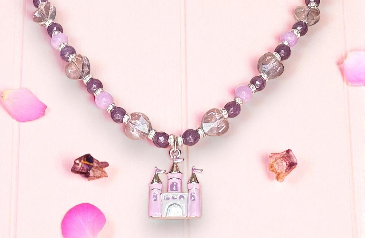 Amethyst & Jasper Beaded Princess Necklace, Pink Enamel Castle Pendant