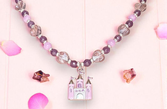 Amethyst & Jasper Beaded Princess Necklace, Pink Enamel Castle Pendant