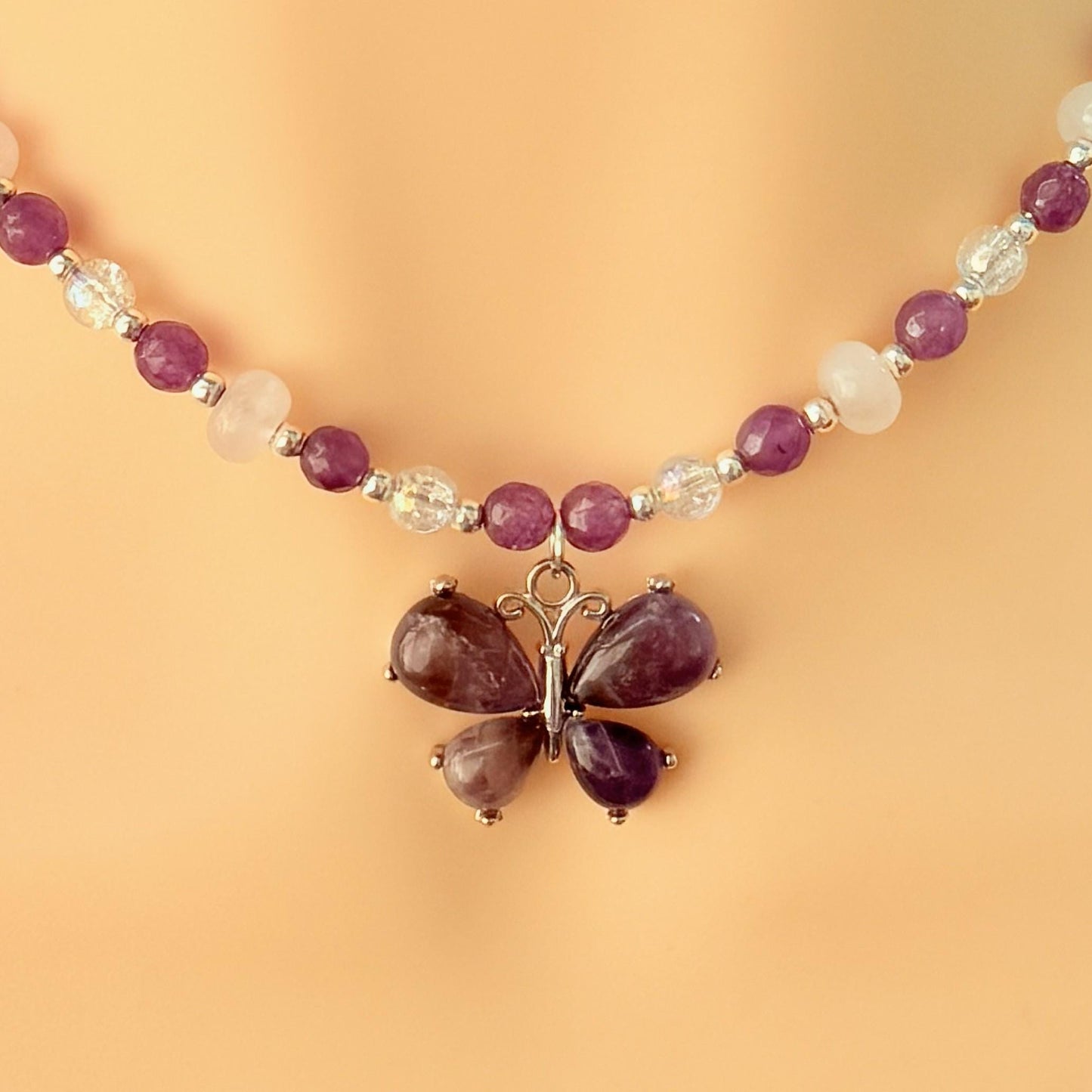 Amethyst Butterfly Pendant Necklace – Quartz and Rose Quartz Beads, Handmade