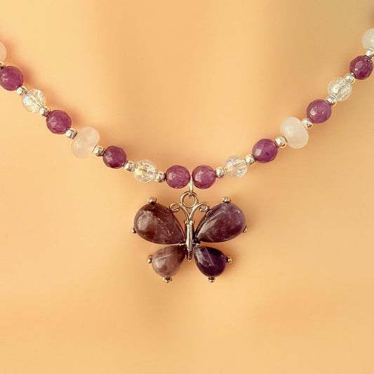 Amethyst Butterfly Pendant Necklace – Quartz and Rose Quartz Beads, Handmade