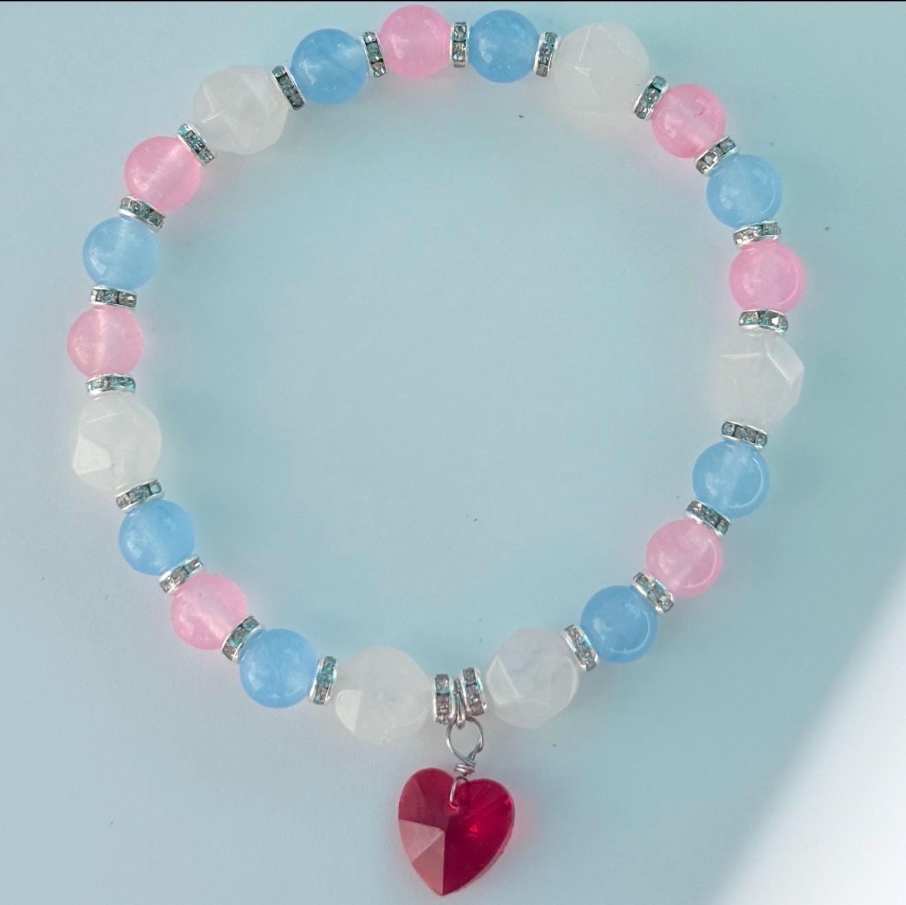 Ageplay Pride Piece - Jade Beaded Stretch Bracelet with Glass Heart Charm - LGBTQIA+