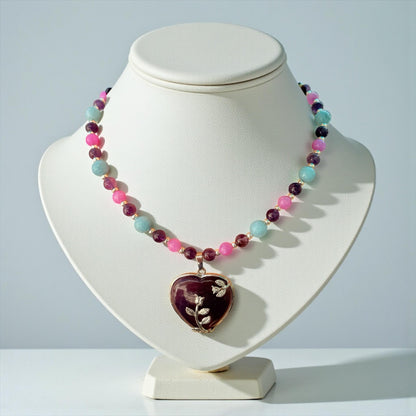 Amethyst Heart Stone Pendant and Jade Gemstone Beaded Necklace