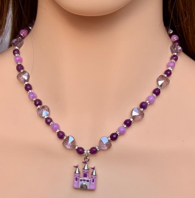 Amethyst & Jasper Beaded Princess Necklace, Pink Enamel Castle Pendant