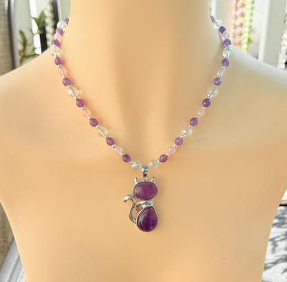Amethyst Cat Pendant Necklace, Rose Quartz Beaded, Handmade