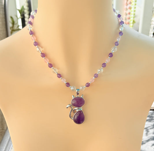 Amethyst Cat Pendant Necklace, Rose Quartz Beaded, Handmade
