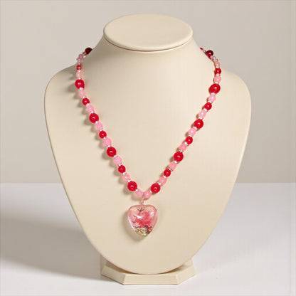 Heart Pendant Rose Quartz & Red Jade Handmade Beaded Gemstone Necklace - "Eternal Blossom"