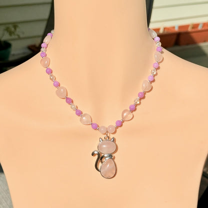 Rose Quartz Cat Pendant Handmade Beaded Necklace - "Purrfect Pink Daydream"