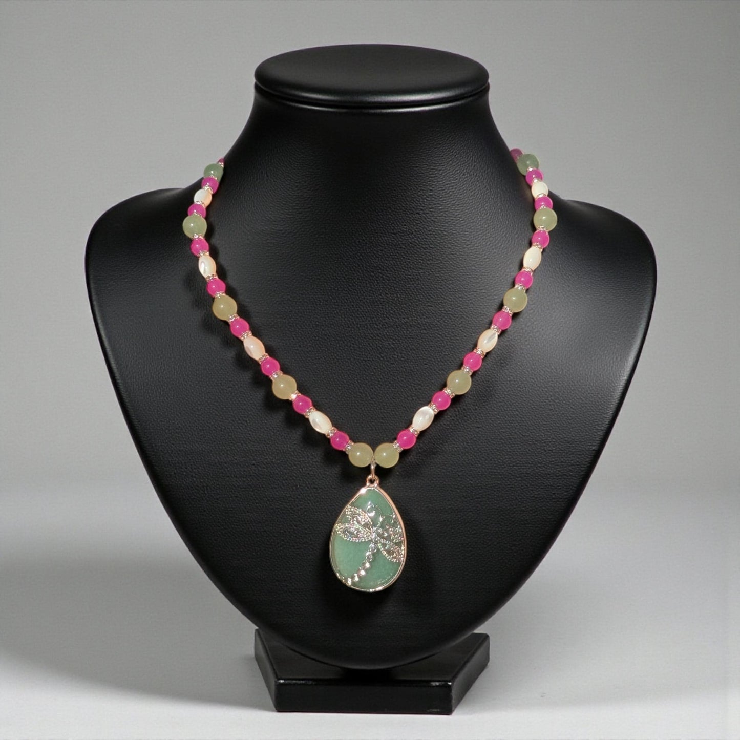 Aventurine Stone Teardrop Dragonfly Pendant Beaded Gemstone Necklace