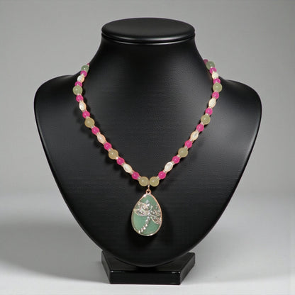 Aventurine Stone Teardrop Dragonfly Pendant Beaded Gemstone Necklace