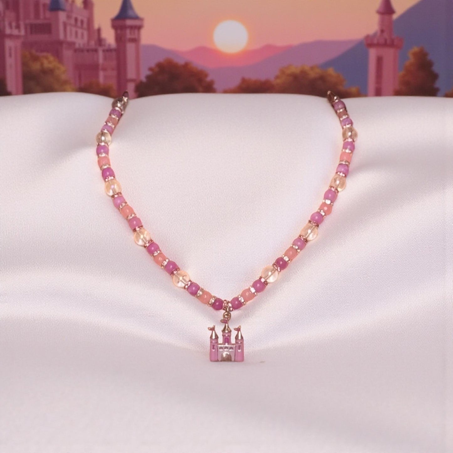 Princess Beaded Rose Quartz and Jasper Necklace with Enamel Castle Pendant