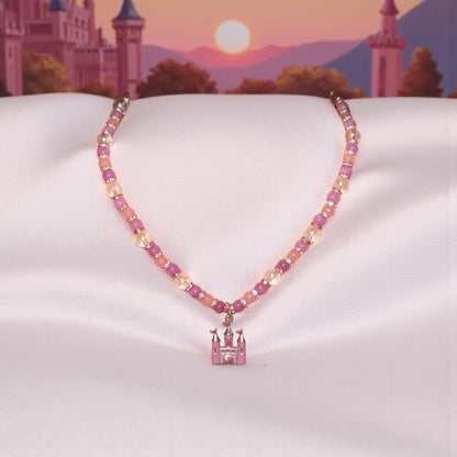 Princess Beaded Rose Quartz and Jasper Necklace with Enamel Castle Pendant