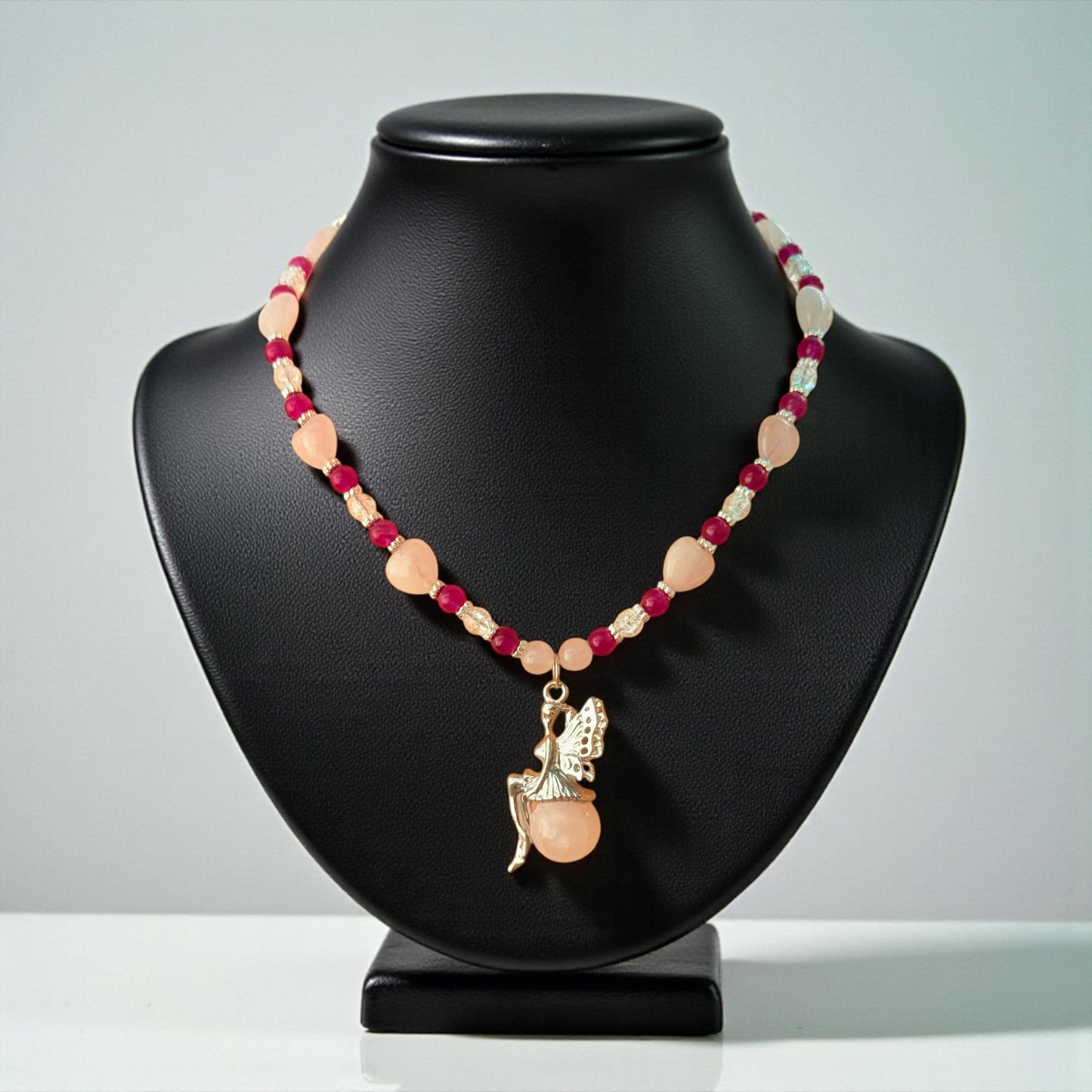 Rose Quartz Pixie Pendant – Carnelian and Crackle Quartz Beads - Fairy Jewelry - Handmade Beaded Necklace Gift