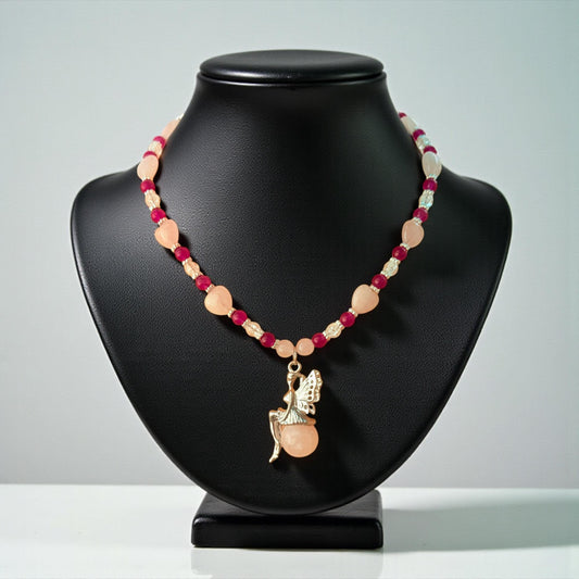 Rose Quartz Pixie Pendant – Carnelian and Crackle Quartz Beads - Fairy Jewelry - Handmade Beaded Necklace Gift