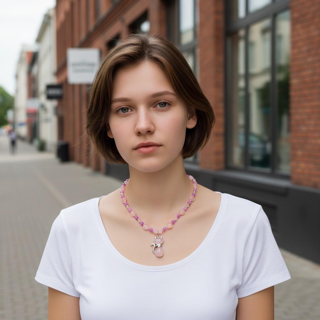 Rose Quartz Cat Pendant Handmade Beaded Necklace - "Purrfect Pink Daydream"