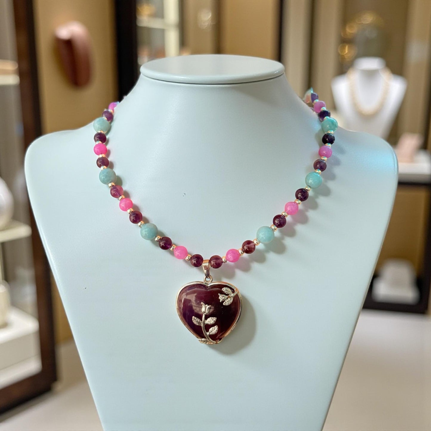 Amethyst Heart Stone Pendant and Jade Gemstone Beaded Necklace