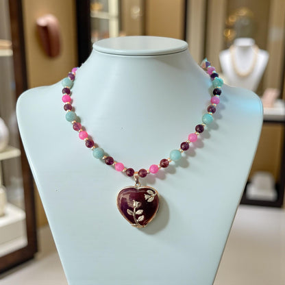 Amethyst Heart Stone Pendant and Jade Gemstone Beaded Necklace