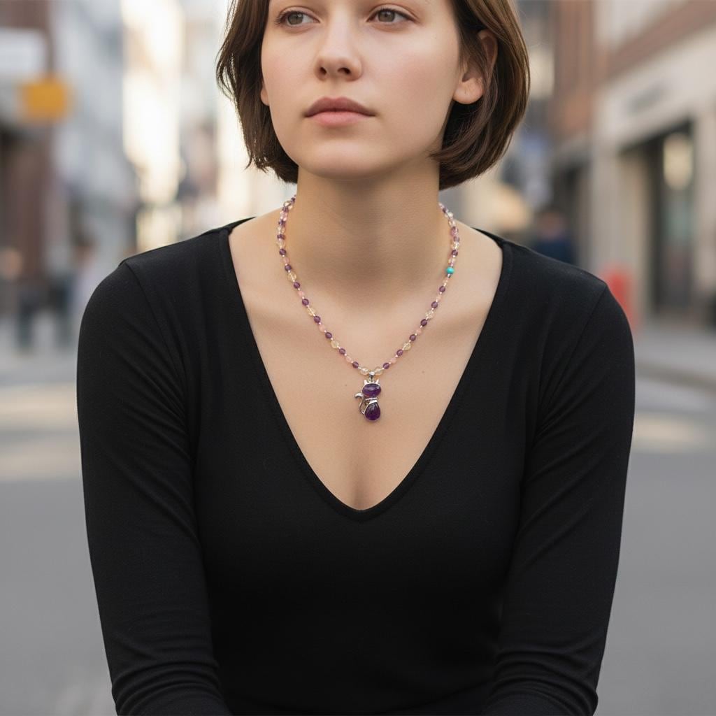 Amethyst Cat Pendant Necklace, Rose Quartz Beaded, Handmade