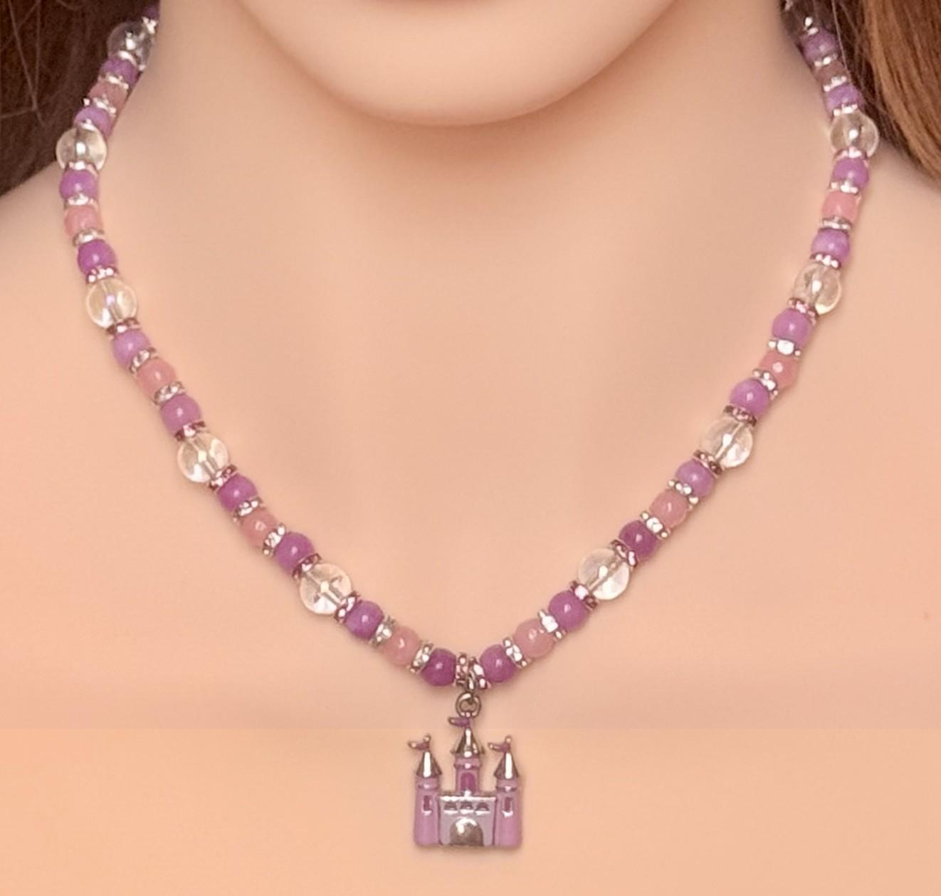Princess Beaded Rose Quartz and Jasper Necklace with Enamel Castle Pendant