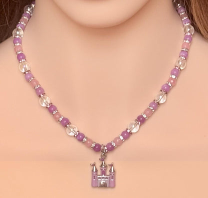 Princess Beaded Rose Quartz and Jasper Necklace with Enamel Castle Pendant