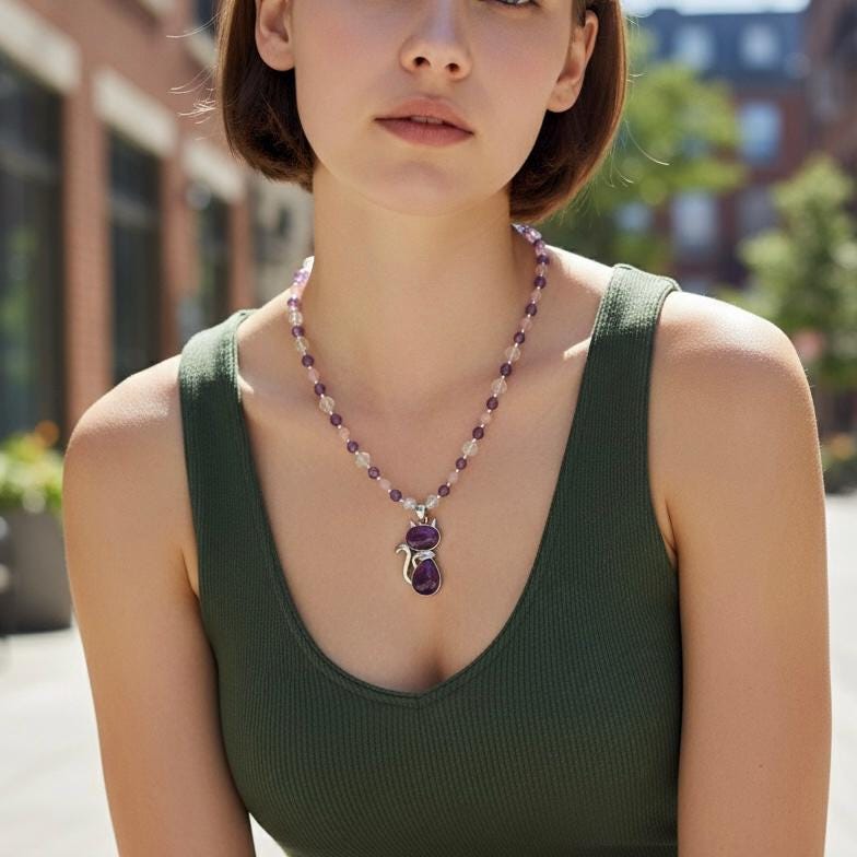 Amethyst Cat Pendant Necklace, Rose Quartz Beaded, Handmade