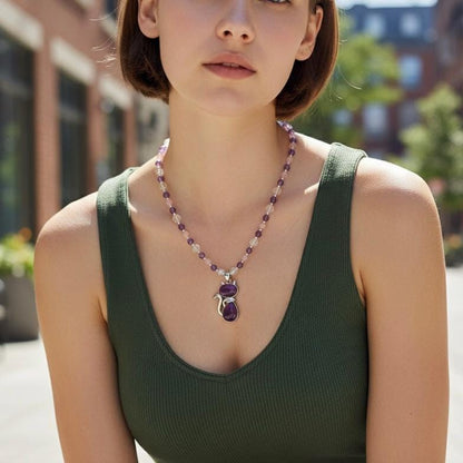 Amethyst Cat Pendant Necklace, Rose Quartz Beaded, Handmade