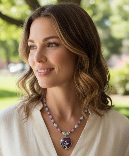 Amethyst Heart Stone Pendant and Jade Gemstone Beaded Necklace