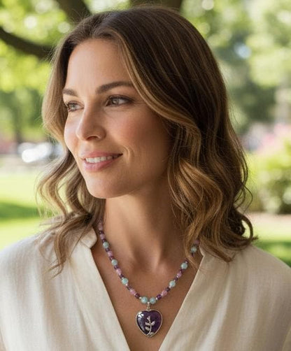 Amethyst Heart Stone Pendant and Jade Gemstone Beaded Necklace