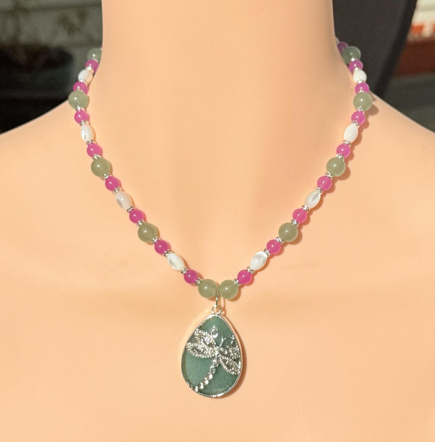 Aventurine Stone Teardrop Dragonfly Pendant Beaded Gemstone Necklace