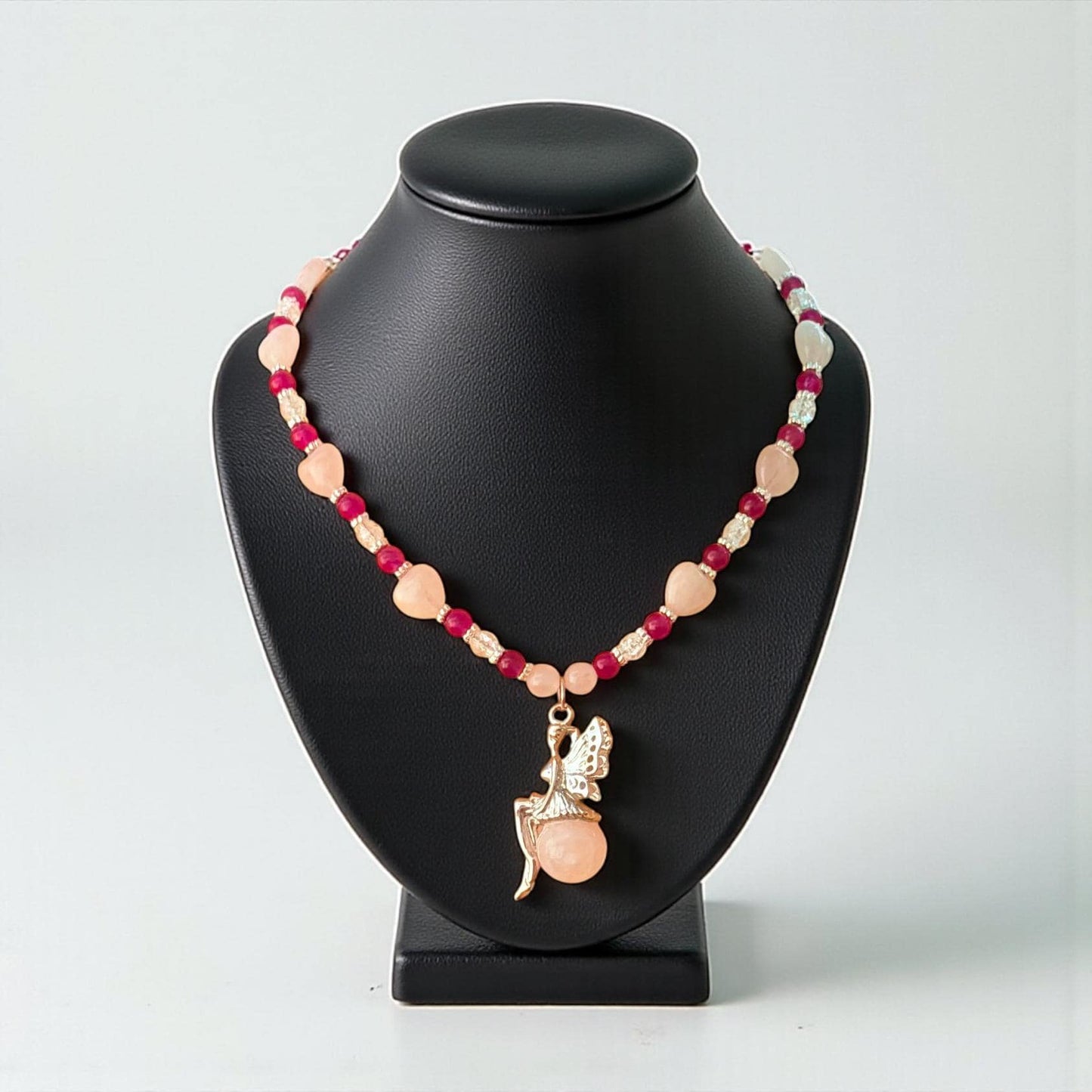 Rose Quartz Pixie Pendant – Carnelian and Crackle Quartz Beads - Fairy Jewelry - Handmade Beaded Necklace Gift