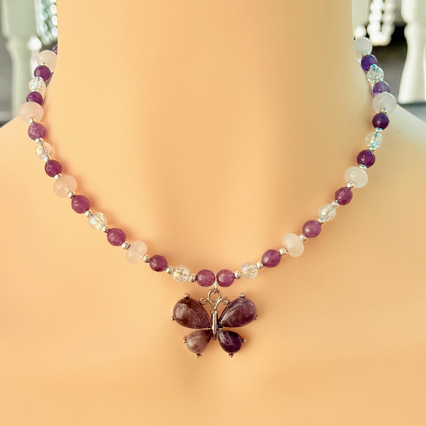 Amethyst Butterfly Pendant Necklace – Quartz and Rose Quartz Beads, Handmade